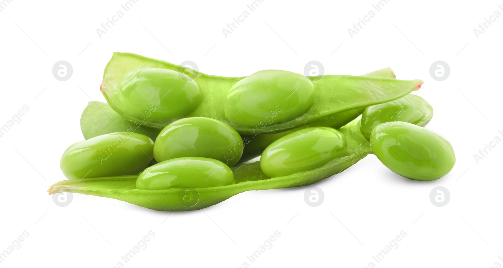 Photo of Fresh green edamame pods and beans on white background