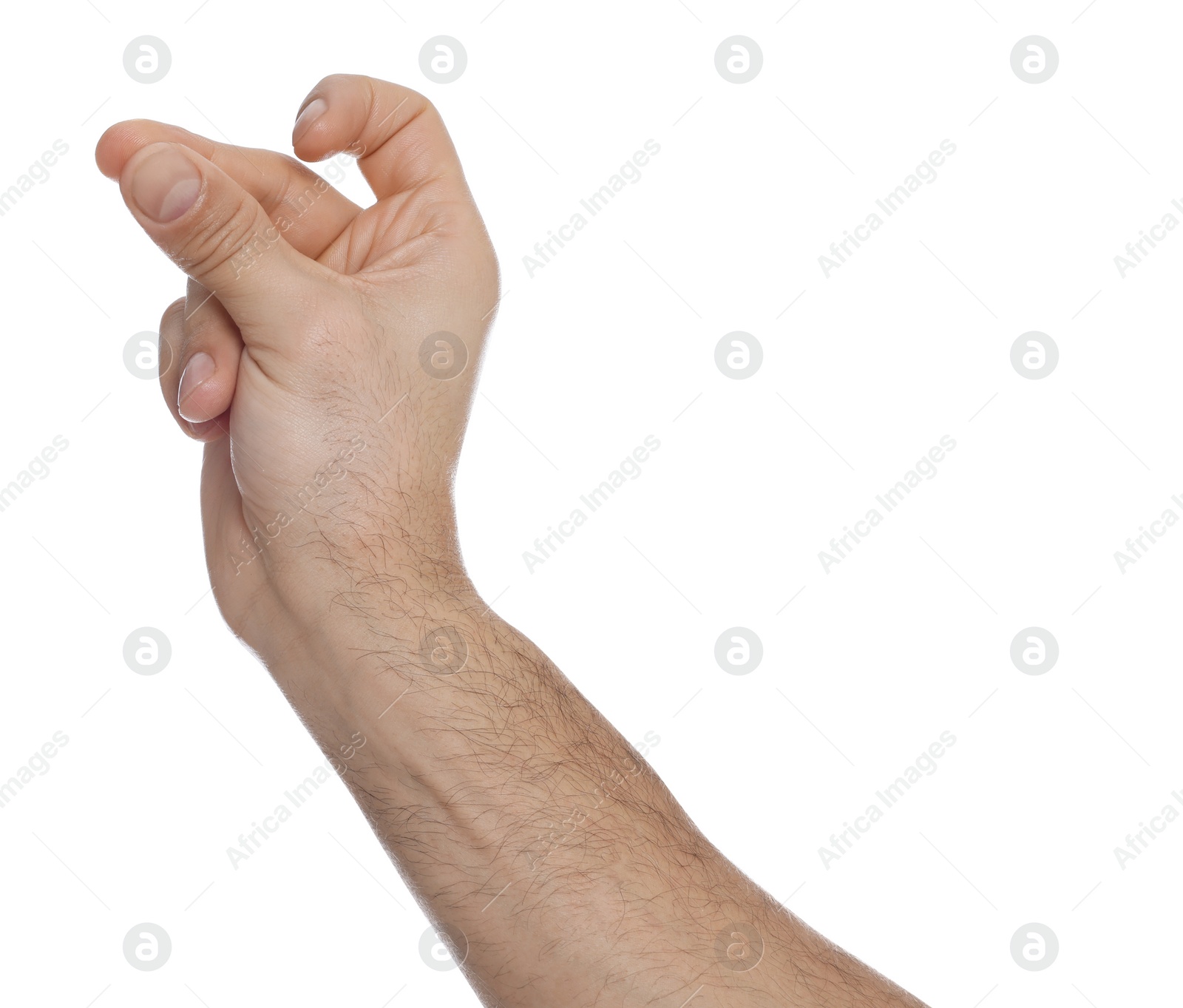 Photo of Man snapping fingers on white background, closeup of hand