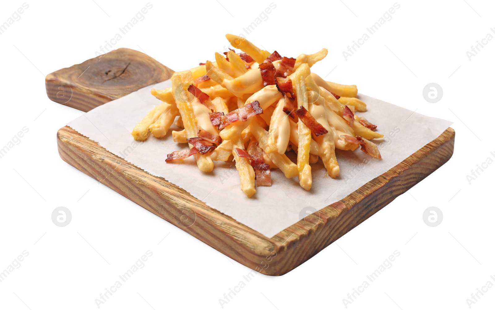 Photo of Delicious French fries with bacon and cheese sauce isolated on white