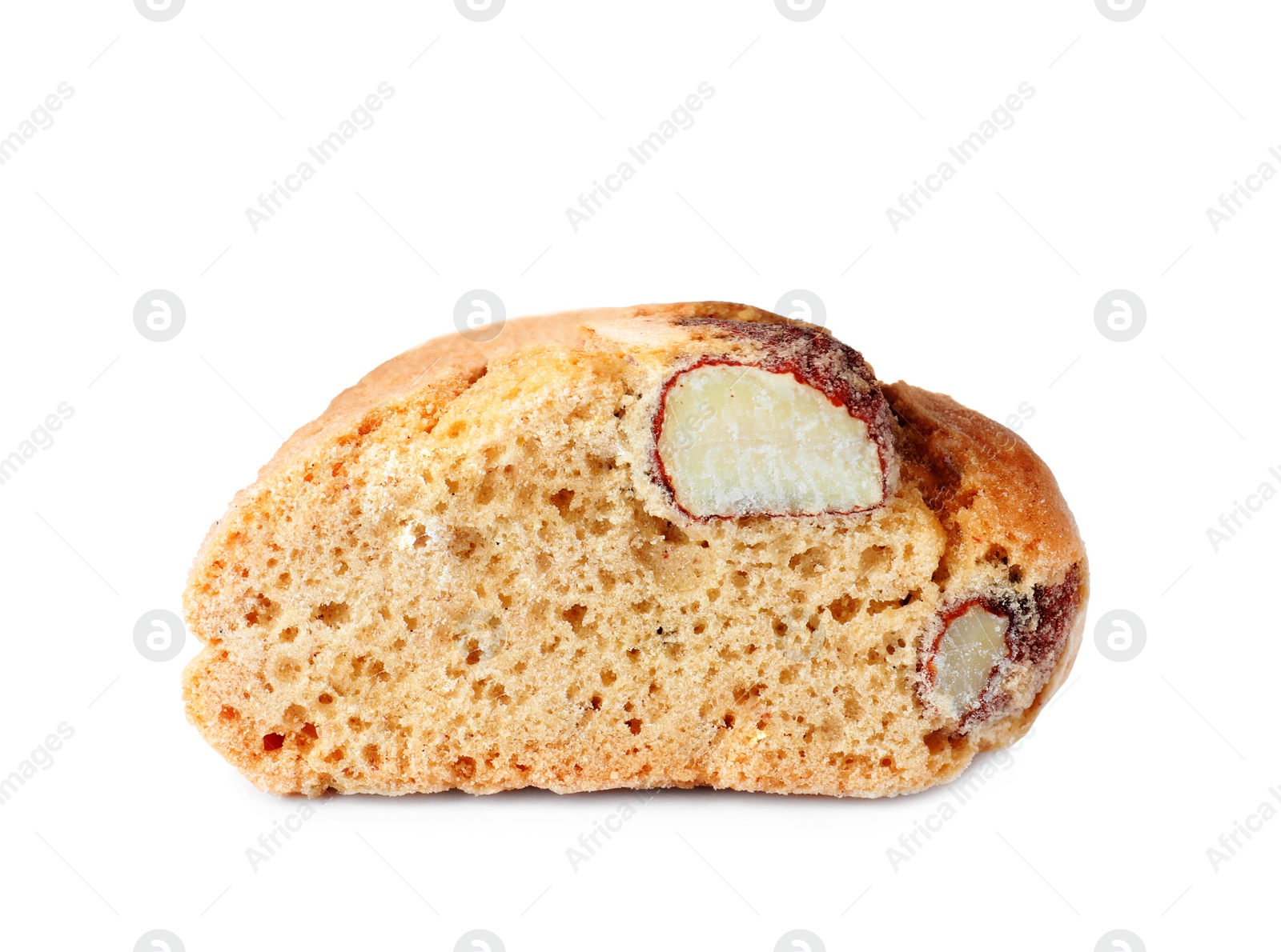 Photo of Slice of tasty cantucci isolated on white. Traditional Italian almond biscuits