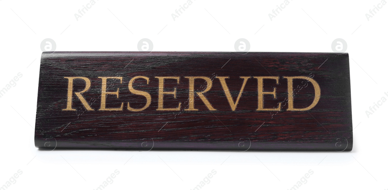 Photo of Elegant wooden Reserved table sign isolated on white