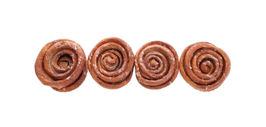 Tasty cinnamon rolls isolated on white, top view