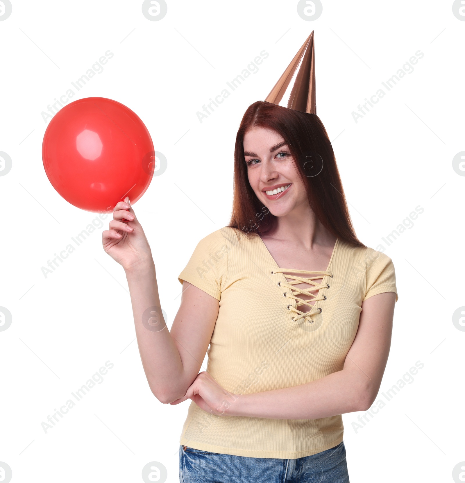 Photo of Happy woman in party hat with balloon on white background