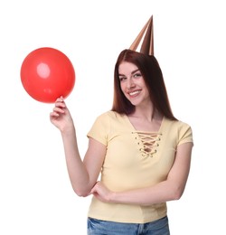 Photo of Happy woman in party hat with balloon on white background