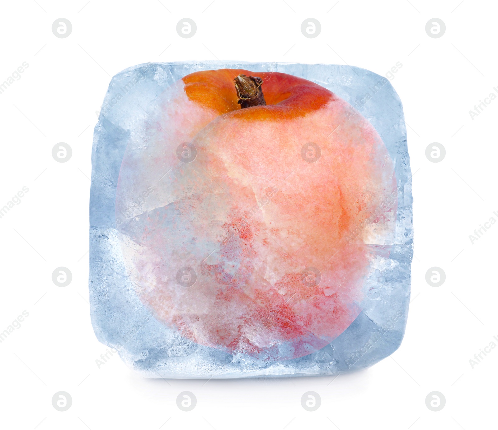 Image of Frozen food. Raw apricot in ice cube isolated on white