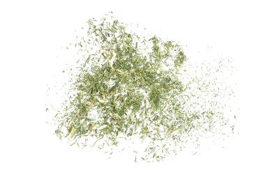 Tasty aromatic dry dill on white background, top view