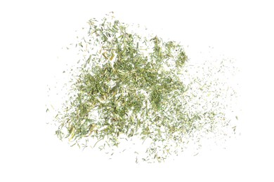 Photo of Tasty aromatic dry dill on white background, top view