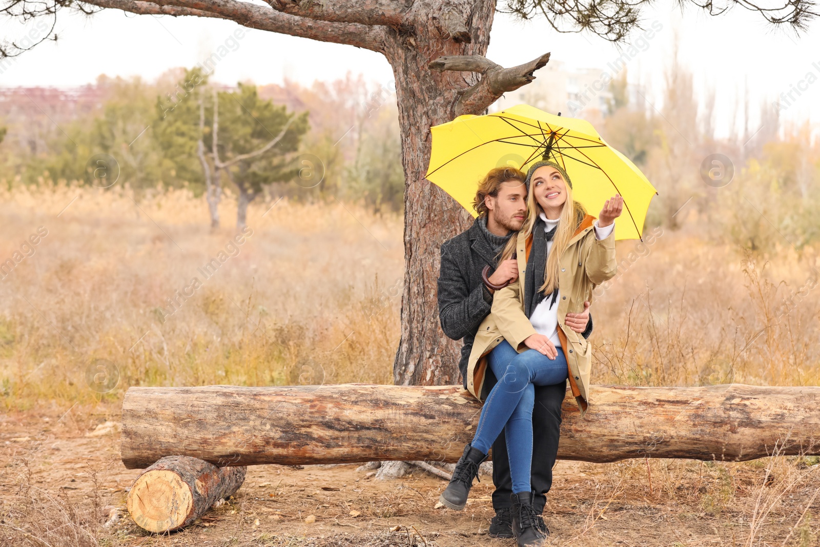 Photo of Young romantic couple with umbrella in park on autumn day