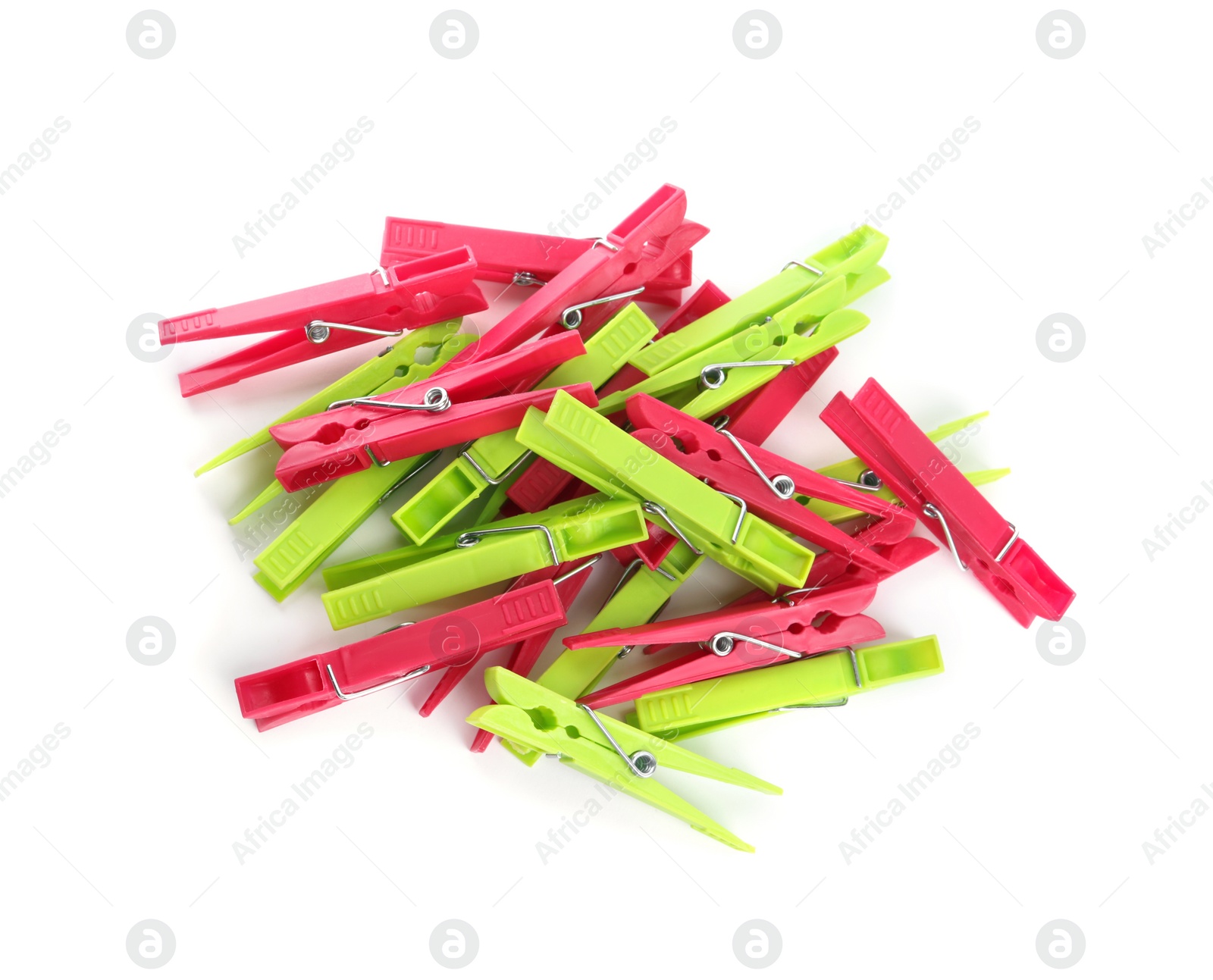 Photo of Colorful plastic clothespins on white background, top view