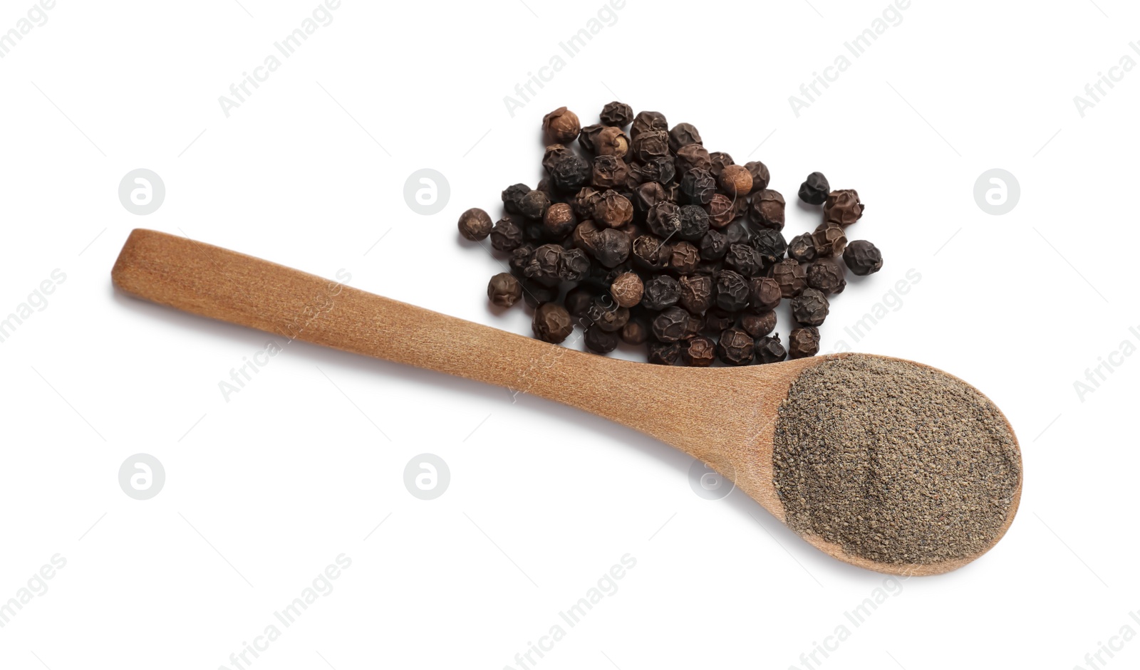 Photo of Aromatic spice. Ground and whole black pepper with wooden spoon isolated on white, top view