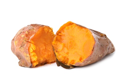 Photo of Delicious baked sweet potato on white background