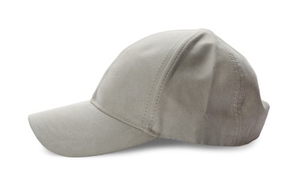 Photo of Stylish light grey baseball cap on white background