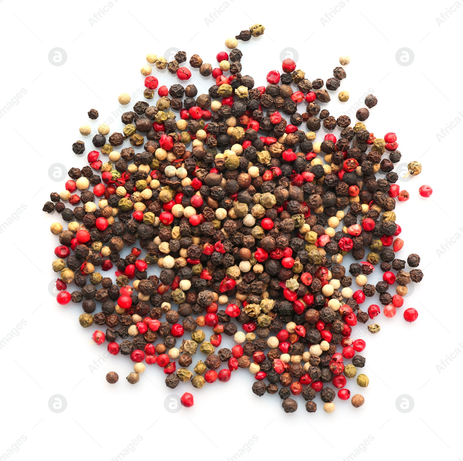 Photo of Mix of different pepper grains on white background, top view