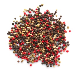 Mix of different pepper grains on white background, top view