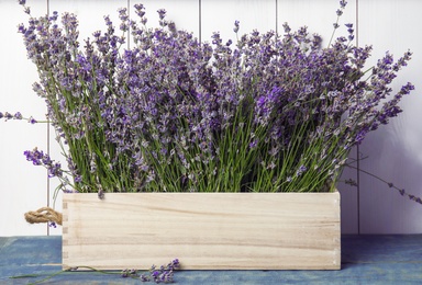 Blooming lavender flowers in wooden crate on table