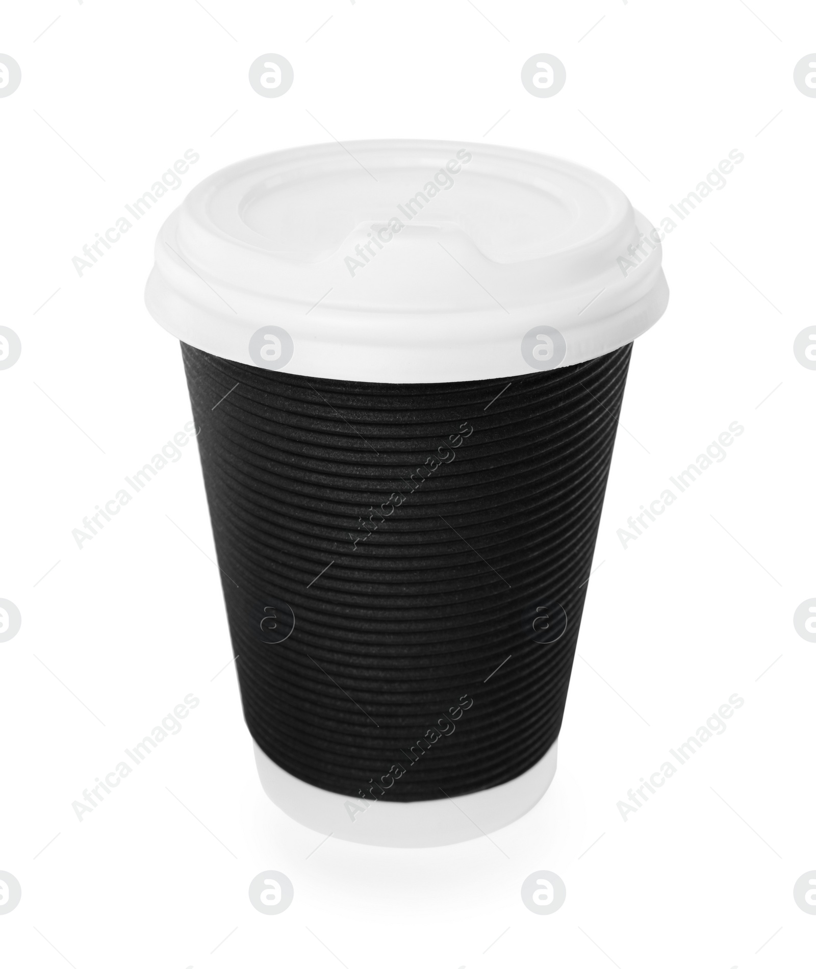 Photo of Black paper cup with plastic lid isolated on white. Coffee to go