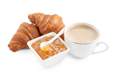 Photo of Fresh croissants, jam and coffee isolated on white. Tasty breakfast