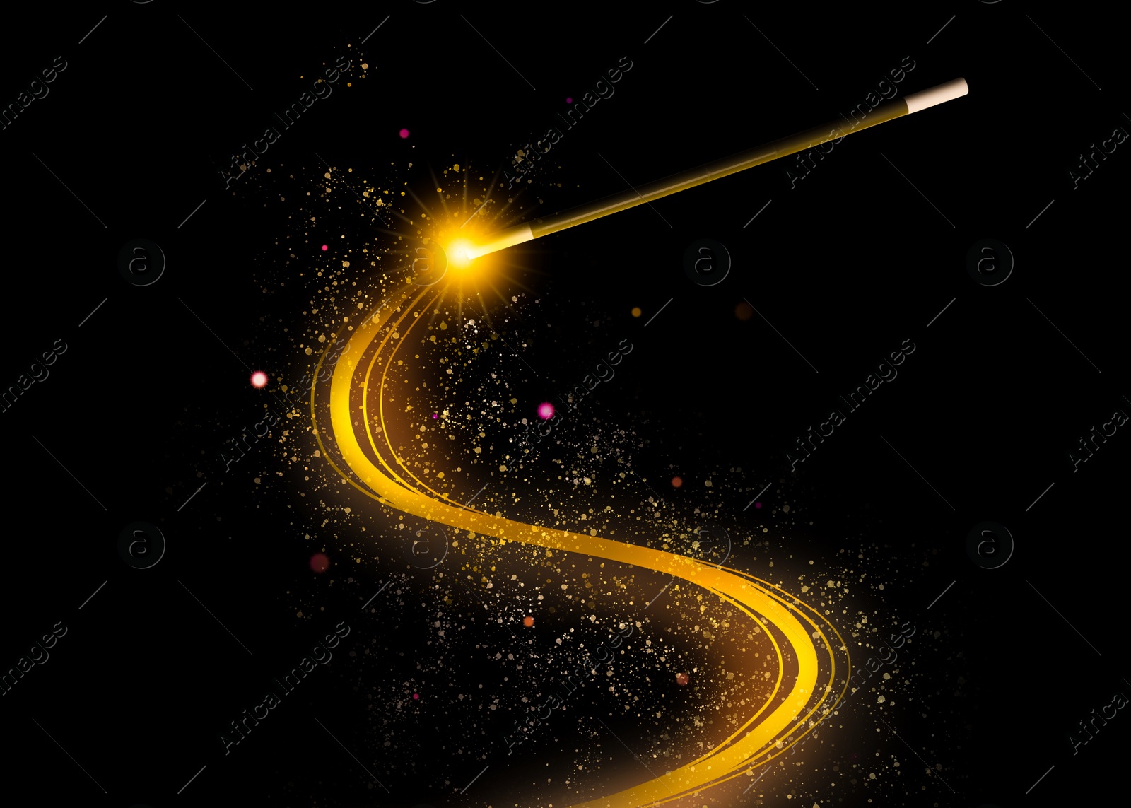 Image of Beautiful magic wand with fairy sparkle on black background