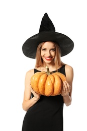 Photo of Beautiful woman wearing witch costume with pumpkin for Halloween party on white background