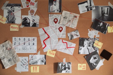 Photo of Detective board with crime scene photos and red threads, closeup