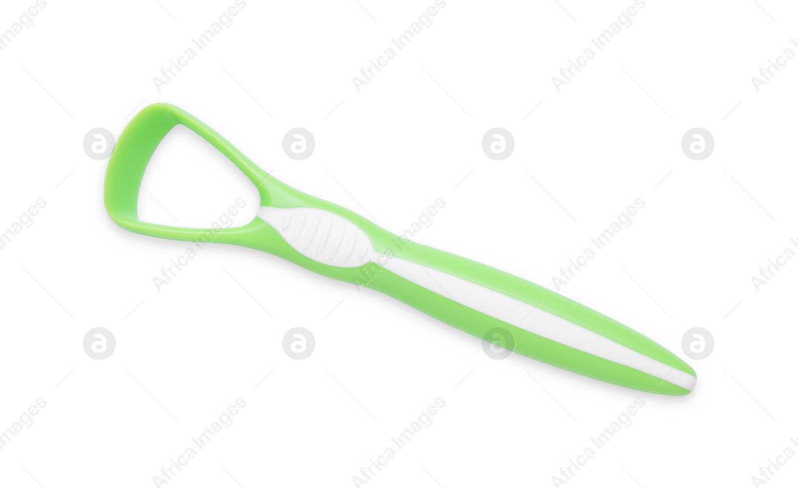 Photo of One green tongue cleaner isolated on white, top view. Dental care