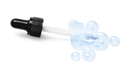 Image of Dropper with serum on white background, top view. Skin care product