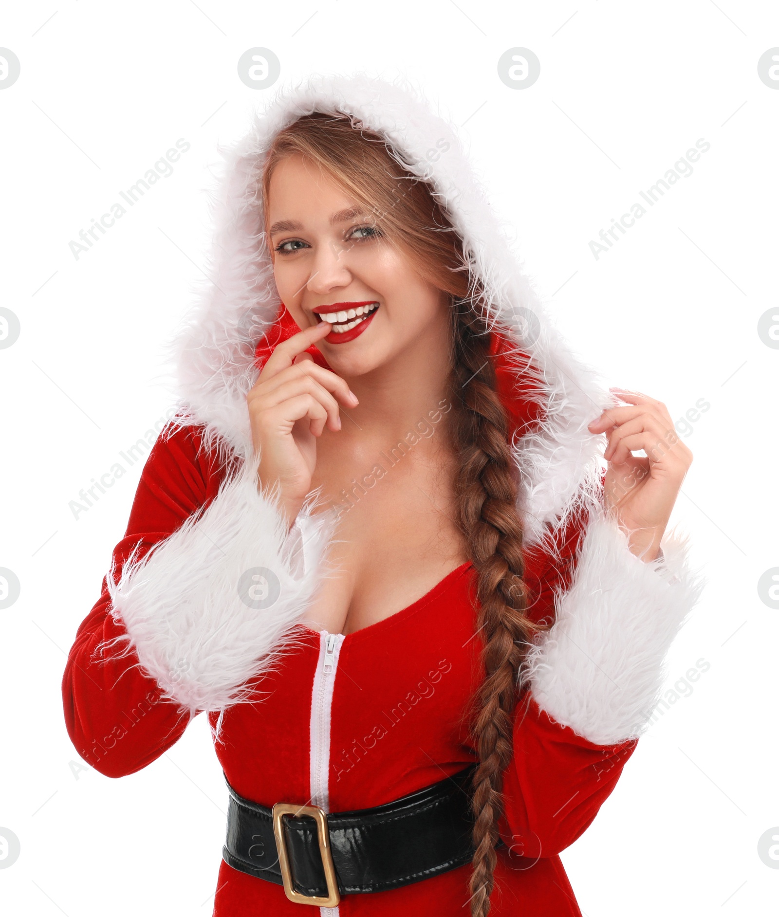 Photo of Beautiful Santa girl on white background. Christmas eve