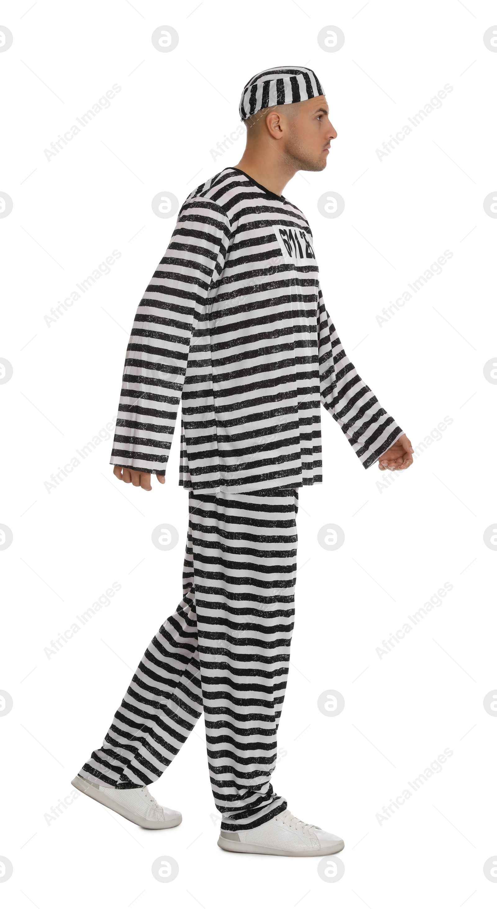 Photo of Prisoner in striped uniform on white background