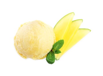 Photo of Scoop of delicious ice cream with mango and mint on white background, top view