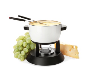 Photo of Composition with pot of delicious cheese fondue on white background