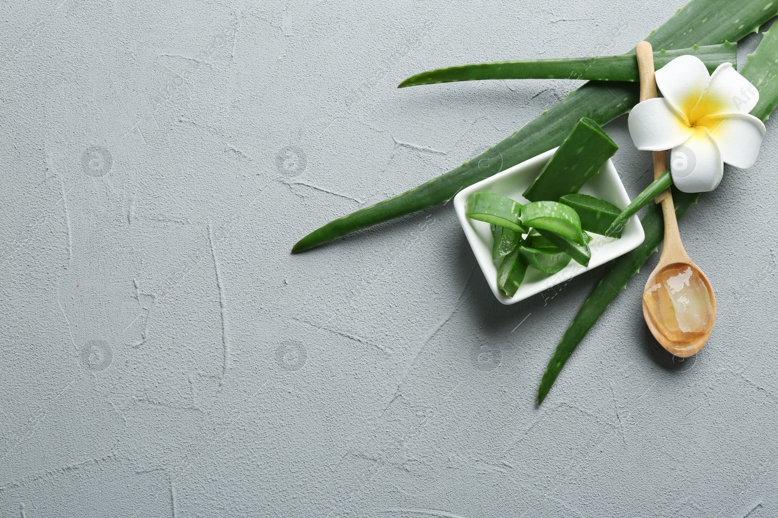 Photo of Flat lay composition with aloe vera leaves and space for text on gray background