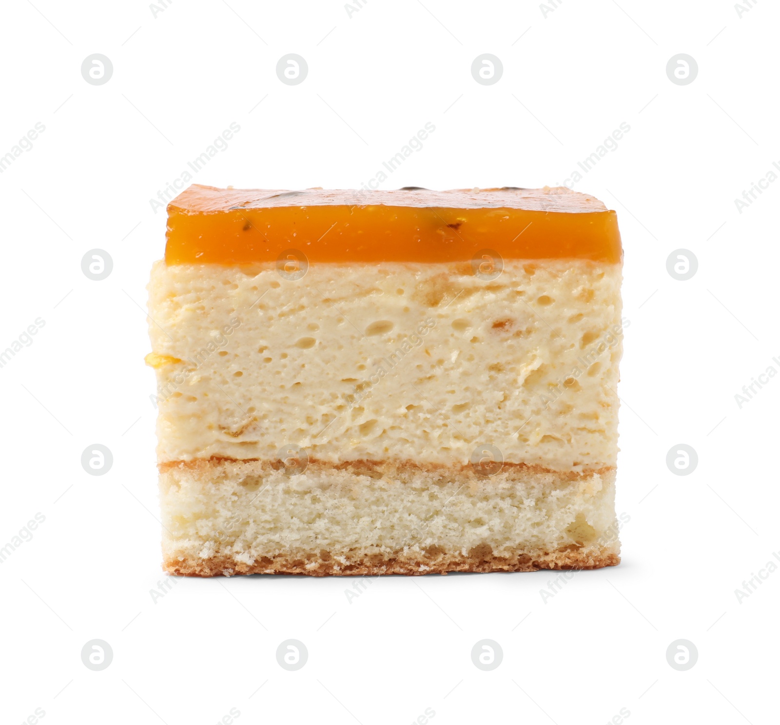 Photo of Piece of cheesecake with jelly on white background