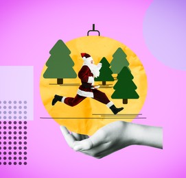 Creative collage. Woman holding Christmas ornament with Santa Claus running inside against color background