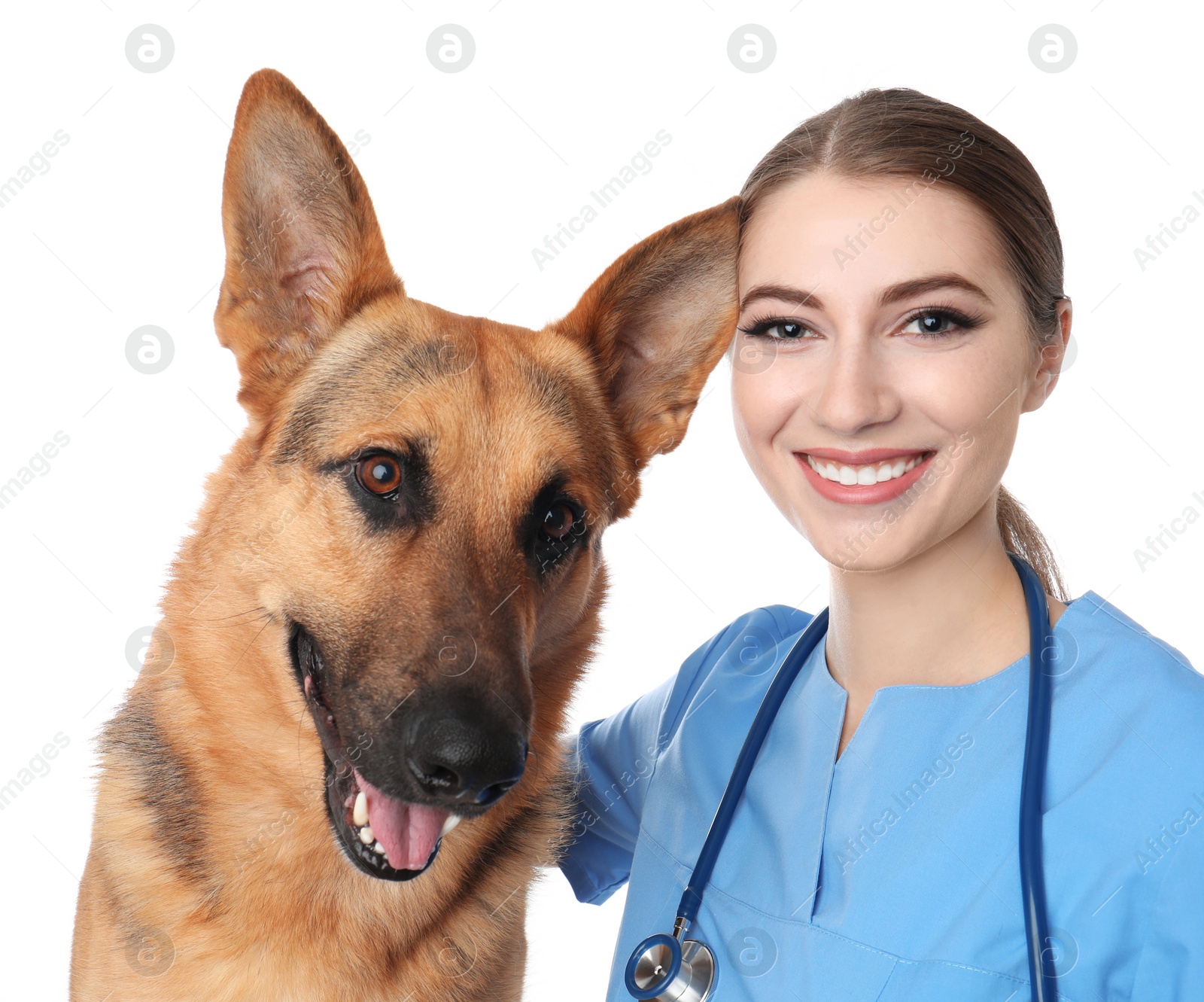 Photo of Veterinarian doc with dog on white background