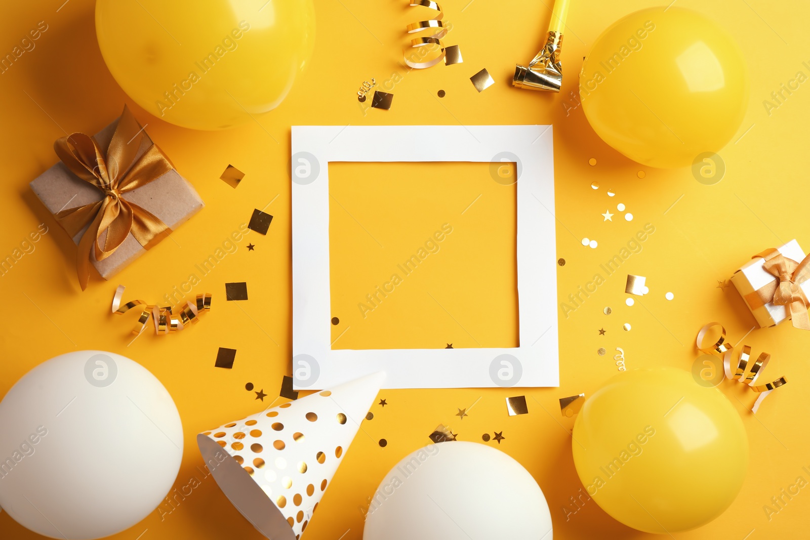 Photo of Flat lay composition with party accessories and space for text on color background