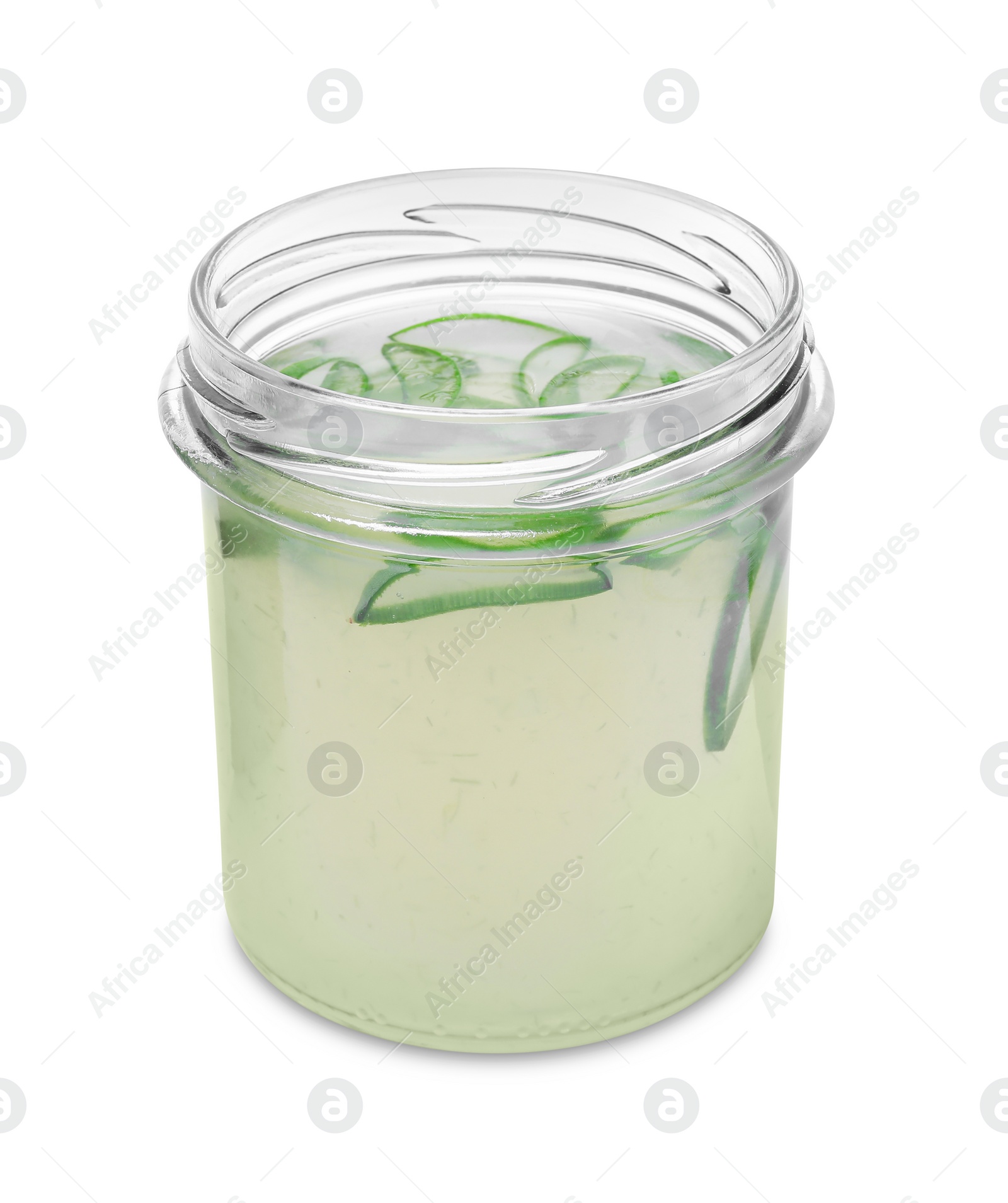 Photo of Fresh aloe juice in jar isolated on white