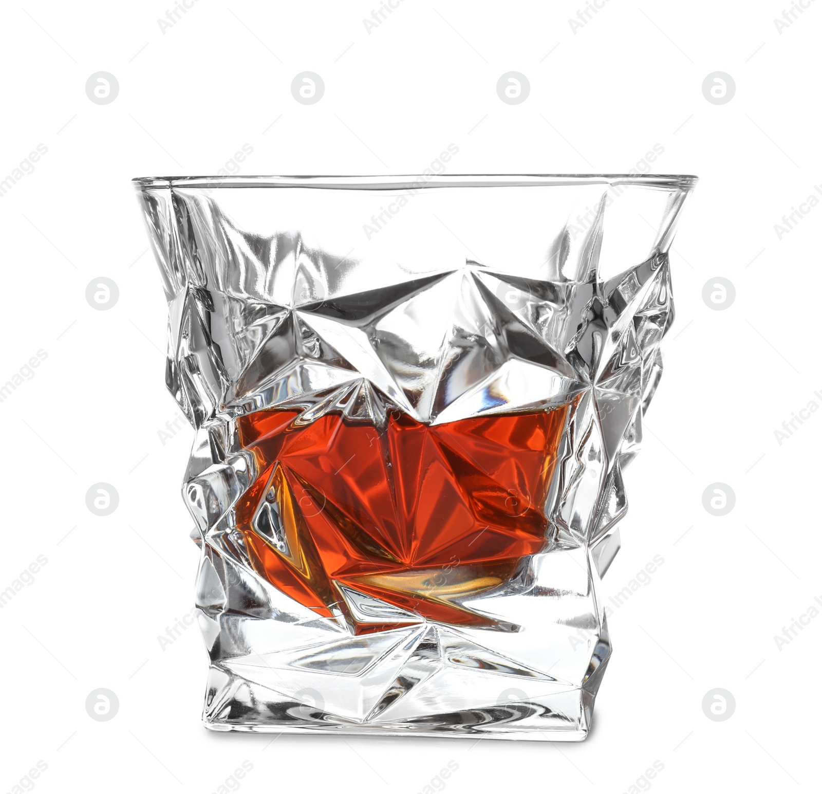 Photo of Glass of scotch whiskey on white background