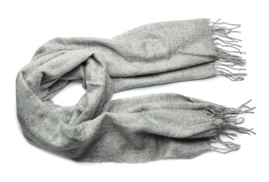 Photo of Grey scarf isolated on white, top view