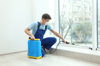 Pest control worker spraying pesticide near window indoors