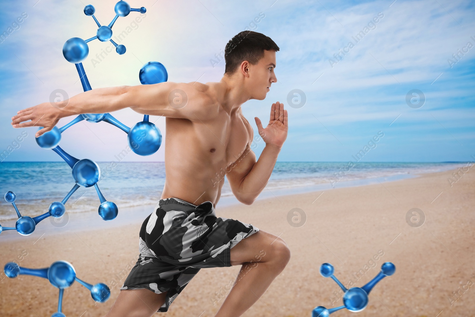 Image of Metabolism concept. Molecular chain illustration and athletic young man running  near sea on sunny day 