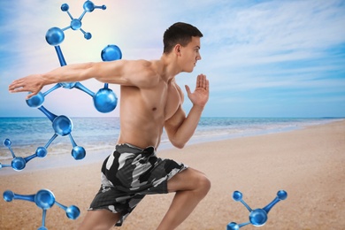 Image of Metabolism concept. Molecular chain illustration and athletic young man running  near sea on sunny day 