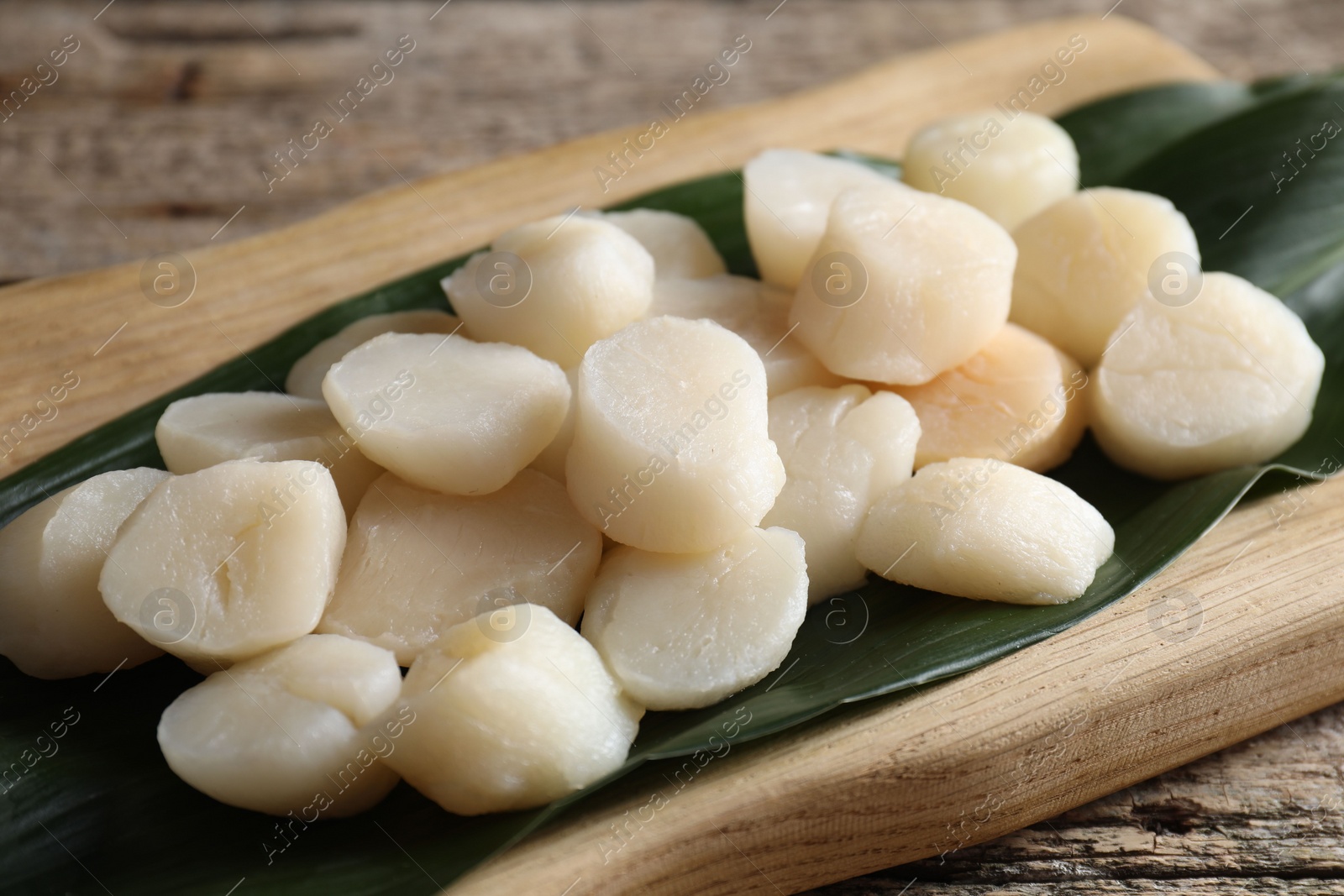 Photo of Fresh raw scallops on wooden table, closeup