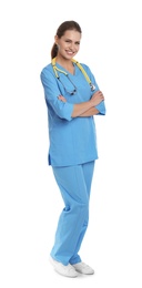 Full length portrait of young medical assistant with stethoscope on white background