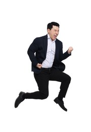 Photo of Businessman in suit jumping on white background