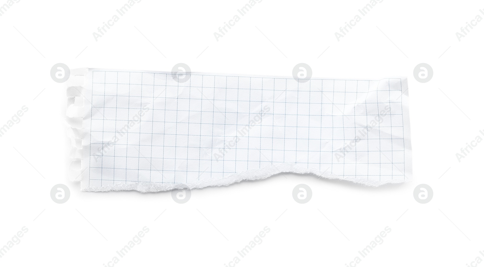 Photo of Piece of checkered notebook sheet isolated on white, top view