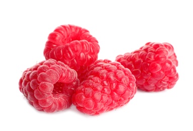 Photo of Delicious ripe sweet raspberries isolated on white