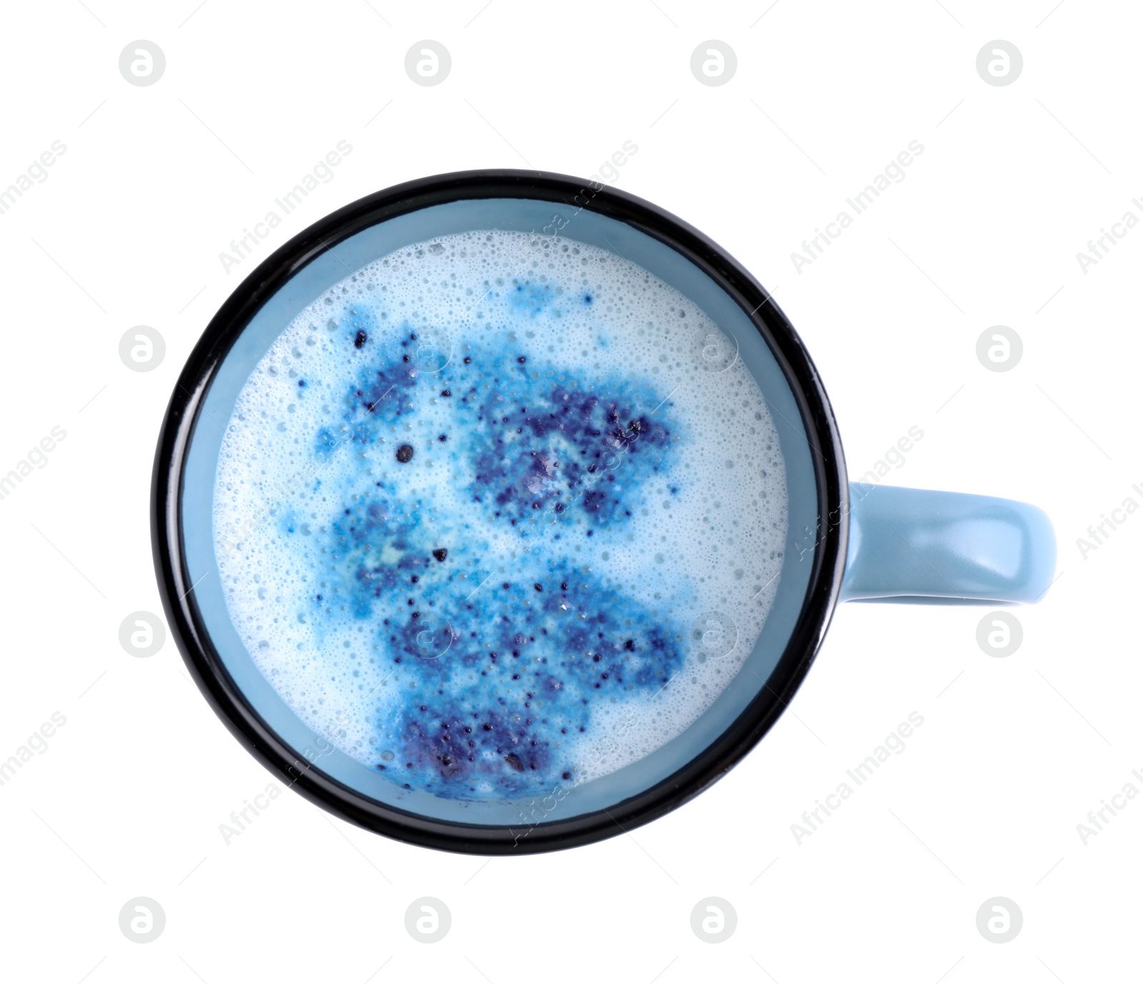 Image of Blue matcha latte in cup on white background, top view