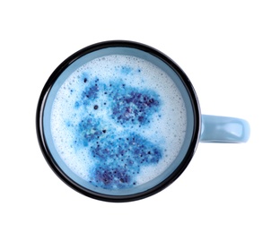 Blue matcha latte in cup on white background, top view