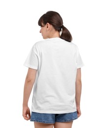 Woman in stylish t-shirt on white background, back view