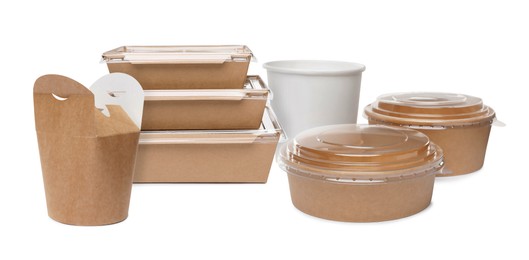 Image of Set with different paper containers for food on white background